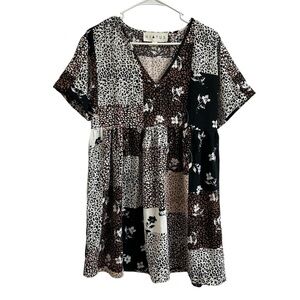 Hiatus Women’s Size S Patchwork Leopard Floral Print Short Sleeve Mini Dress
